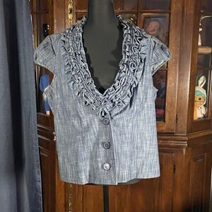 Bamboo Traders Chambray Denim Ruffle Top (L)  Sleeveless Button Front Women’s